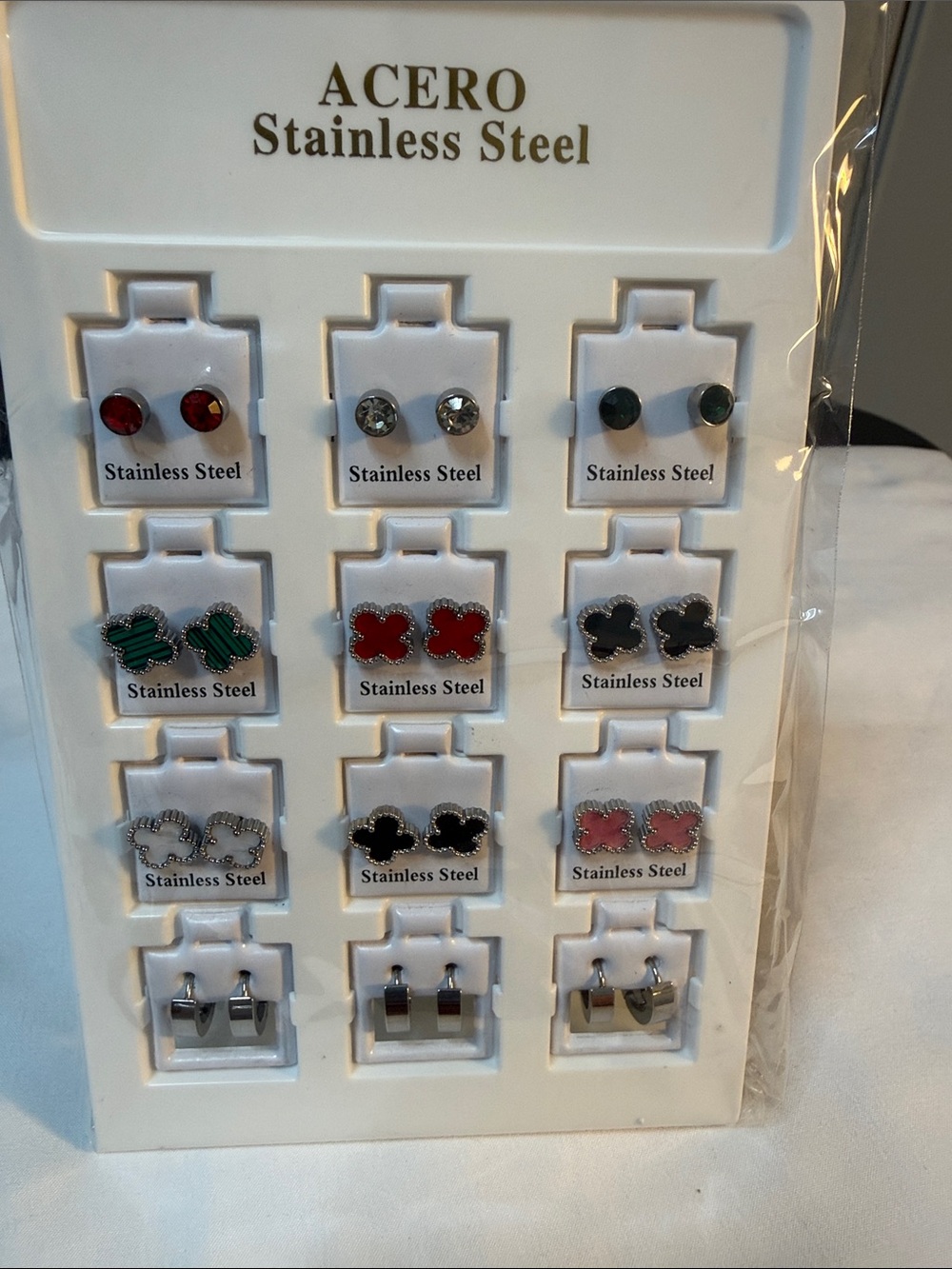 Stainless Steel Earrings and Stud Set with Green, Red and Black Accents Set 12